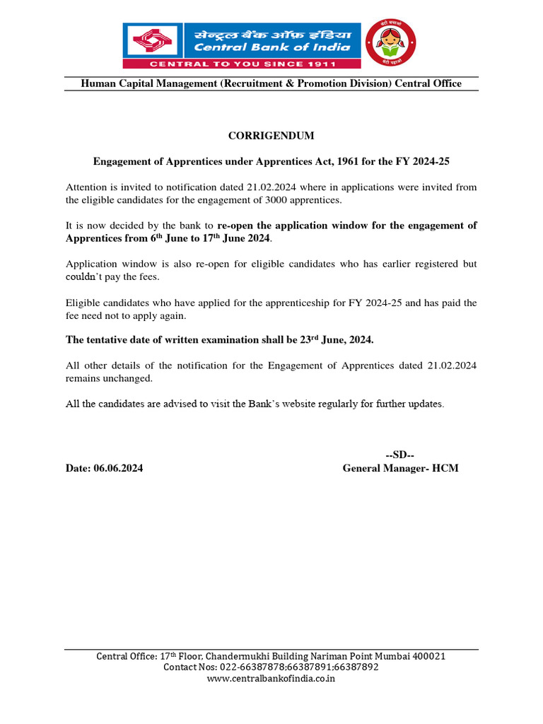 Revised Corrigendum For Apprentices Extension in Date | PDF