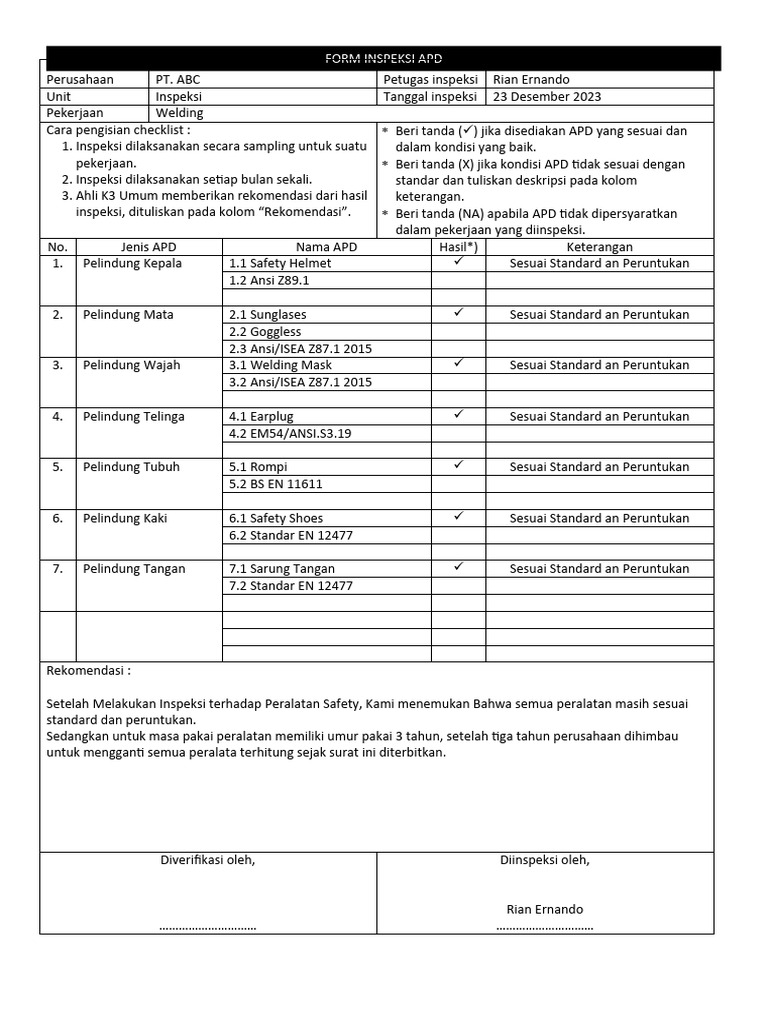 Form Inspeksi APD PT. ABC | PDF