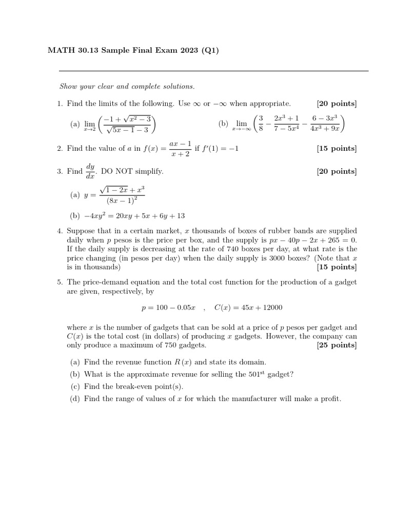 Math 30.13 Final Exam Solutions | PDF | Profit (Economics) | Economics