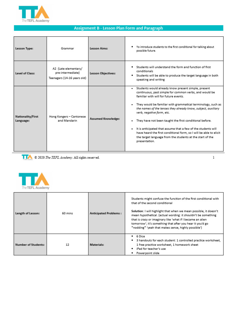 First Conditional Lesson Plan A2 | PDF | Verb | Question