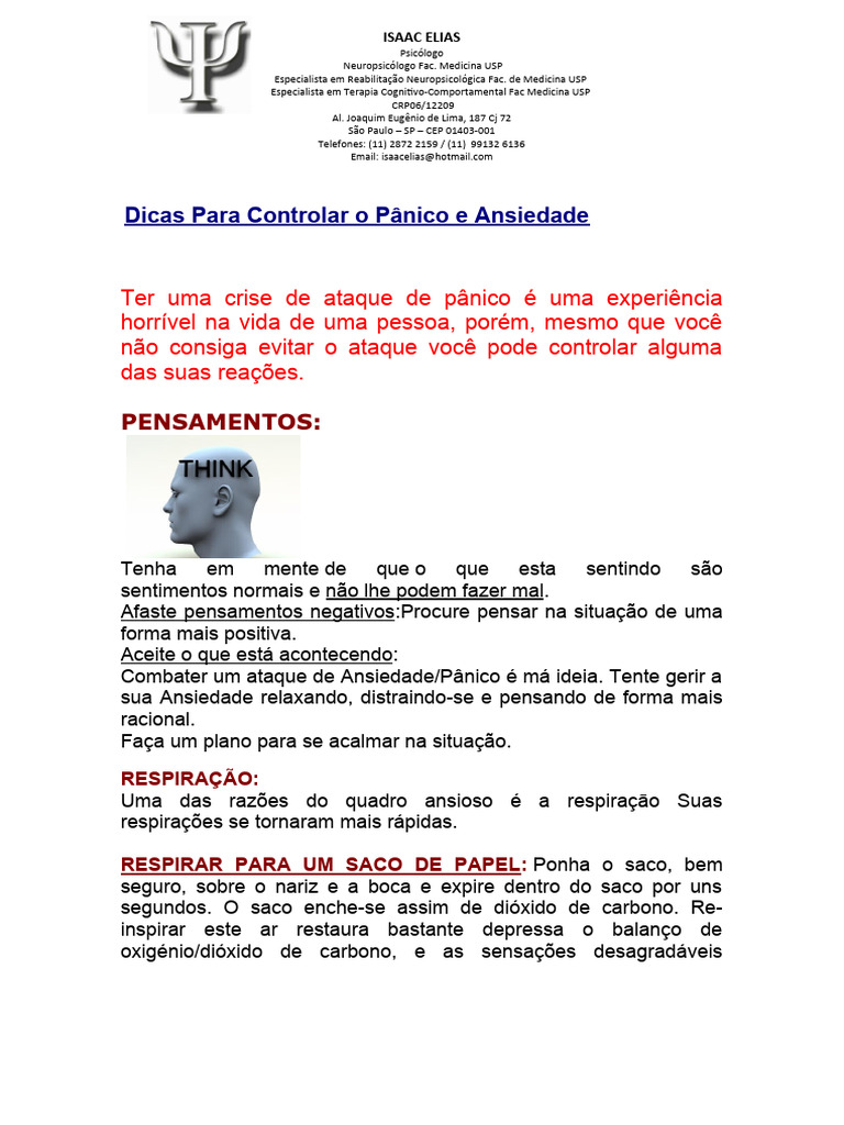 Dicas para Controlar Pânico e Ansiedade | PDF | Transtorno de pânico ...
