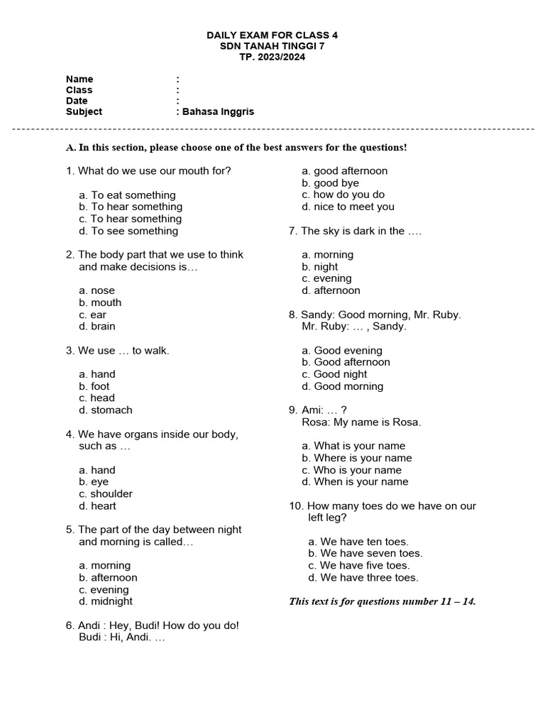 Daily Exam For Class 4 Pdf