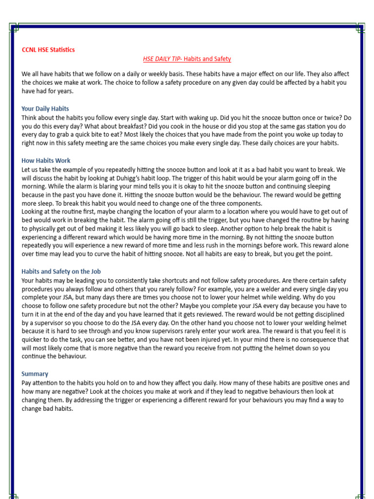 Impact of Daily Habits on Workplace Safety | PDF | Habits | Behavioural ...