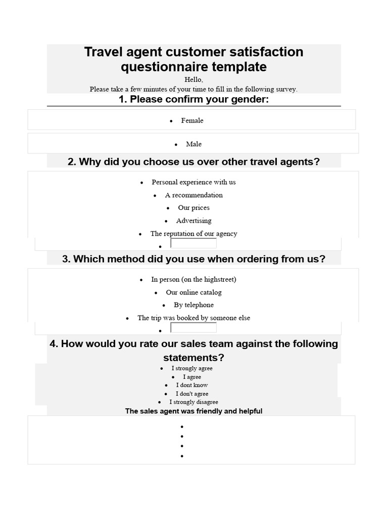 Travel agent customer satisfaction questionnaire template PDF