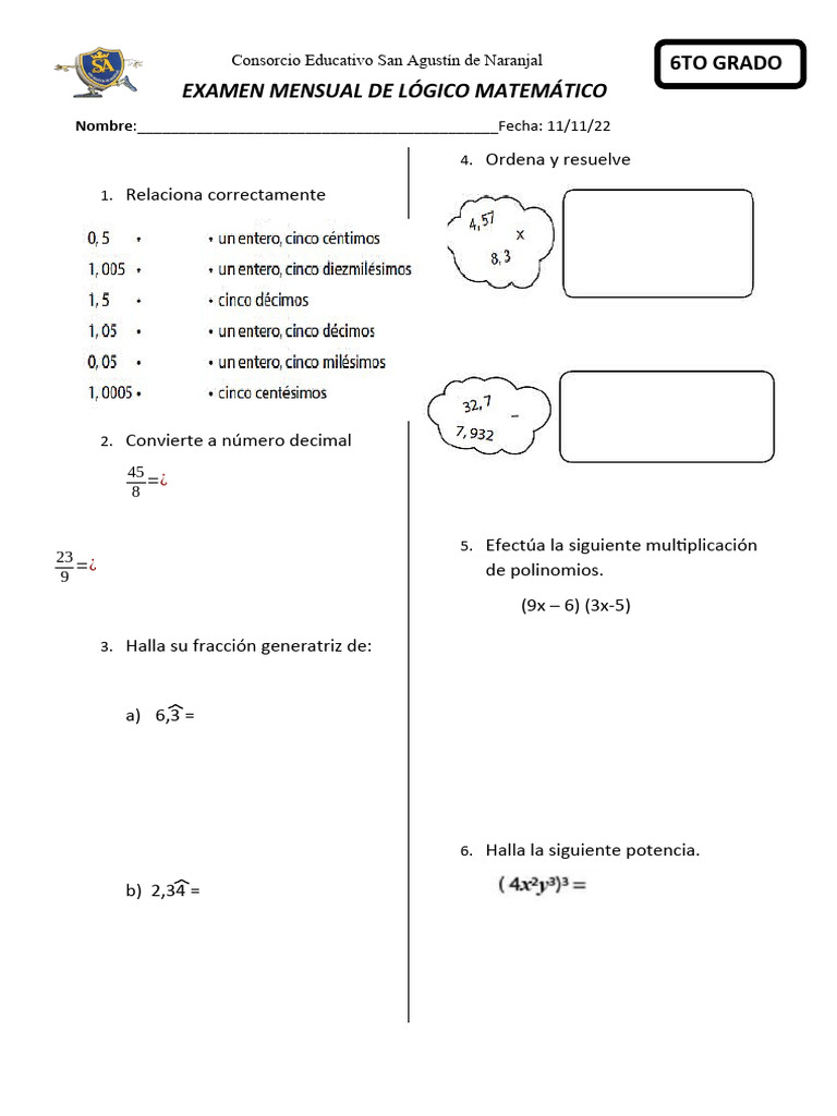 Examen Matemático 6to Grado | PDF | Métodos y materiales de enseñanza