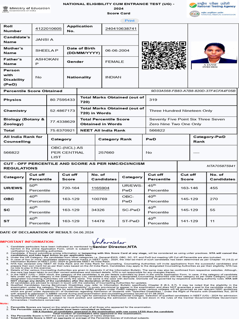 NEET UG 2024 Score Card Details | PDF