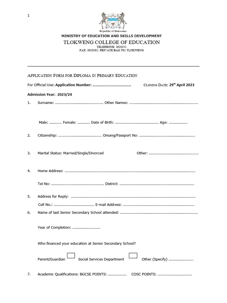 Diploma in Primary Education Application Form | PDF | Educational Stages