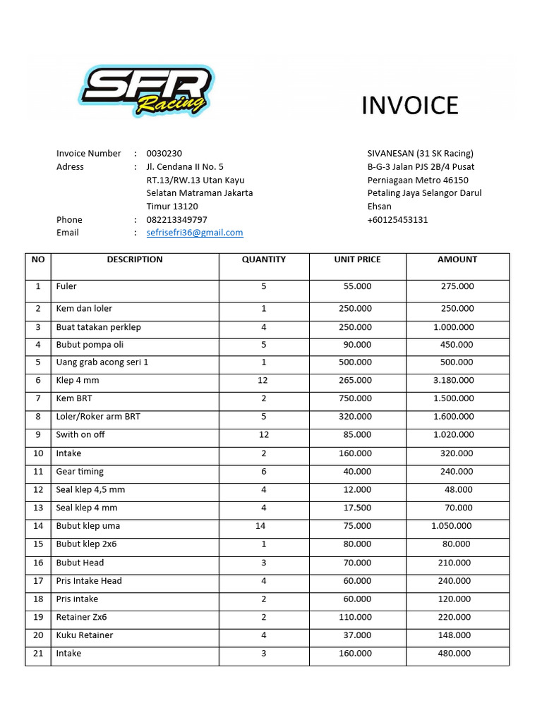 Invoice for Motorcycle Parts and Services | PDF
