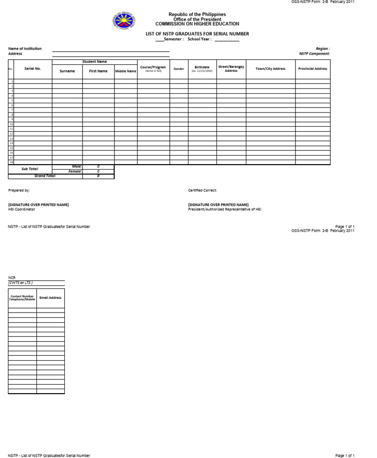 NSTP Graduates Serial Number Form 2-B | PDF