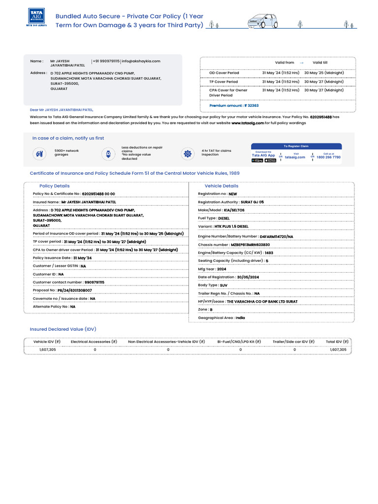 Tata AIG Motor Policy Schedule 3184 6202951488 PDF Insurance