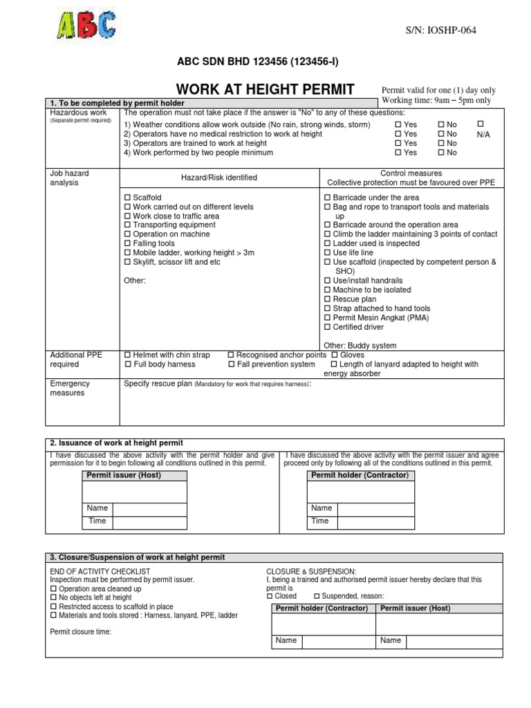 Work at Height Permit Template | PDF | Personal Protective Equipment ...