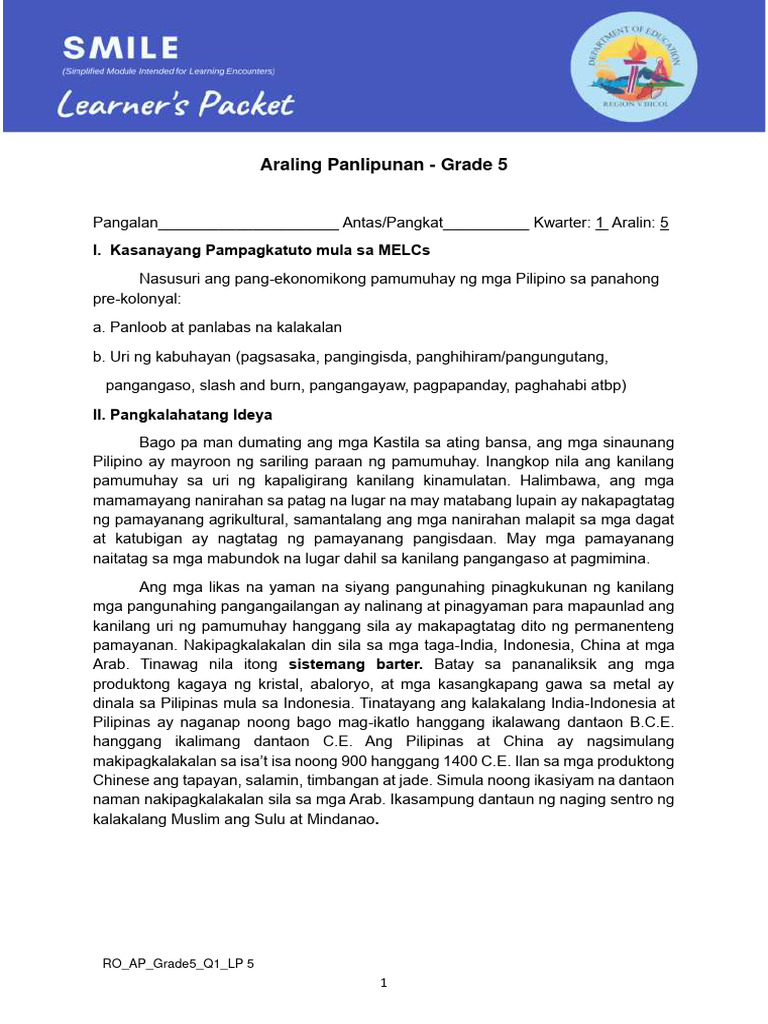 AP 5 - SMILE Learner - S Packet - Q1 - Week 5-Printed | PDF