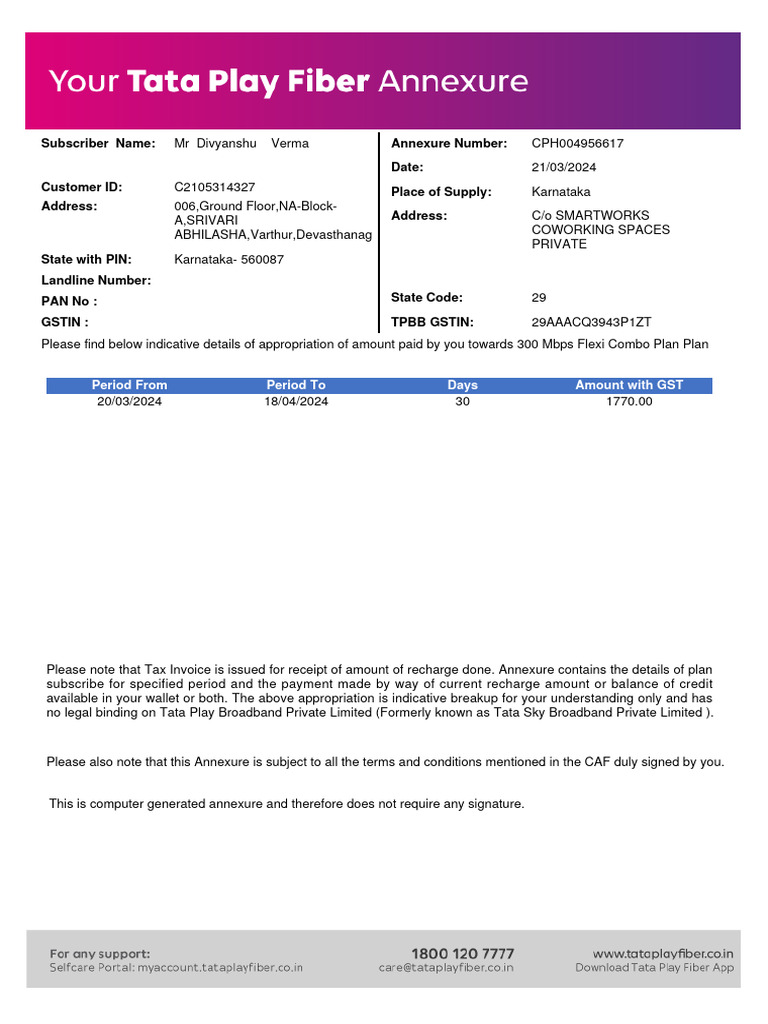 Tata Play Fiber Bill Details | PDF | Receipt | Invoice