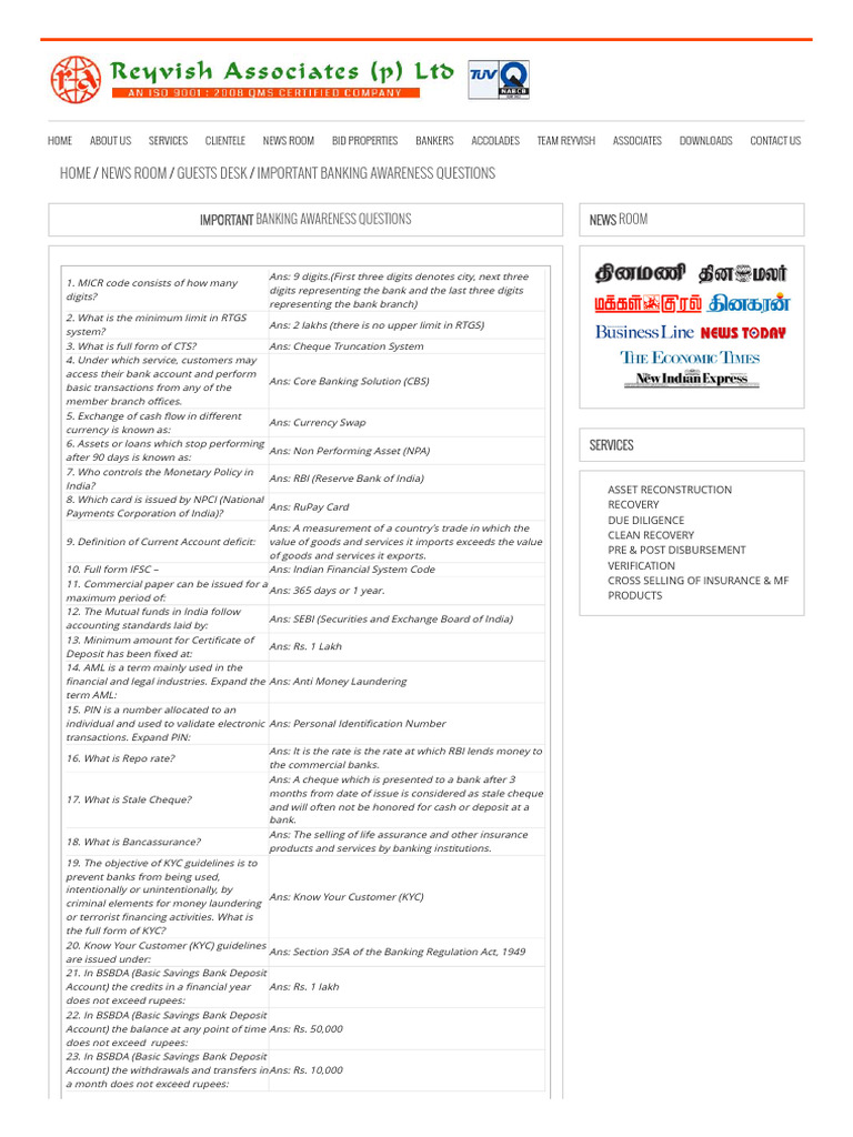Important Banking Awareness Questions - Reyvish Associates (P) LTD ...