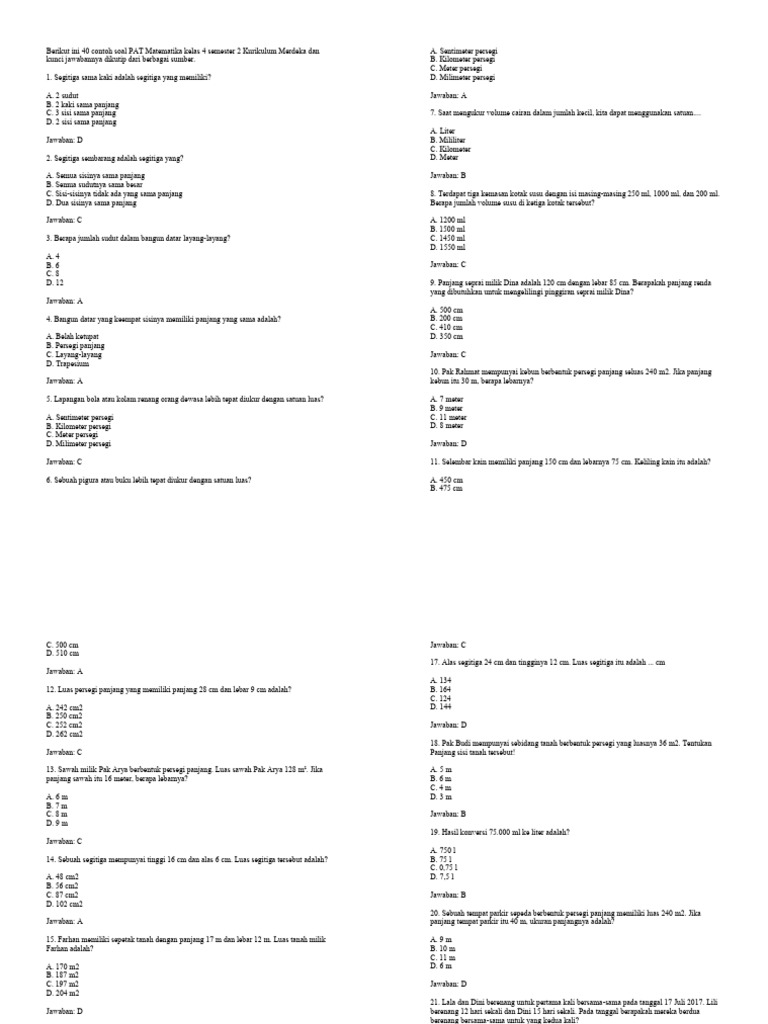 Berikut Ini 40 Contoh Soal Matematika Kelas 4 Pdf
