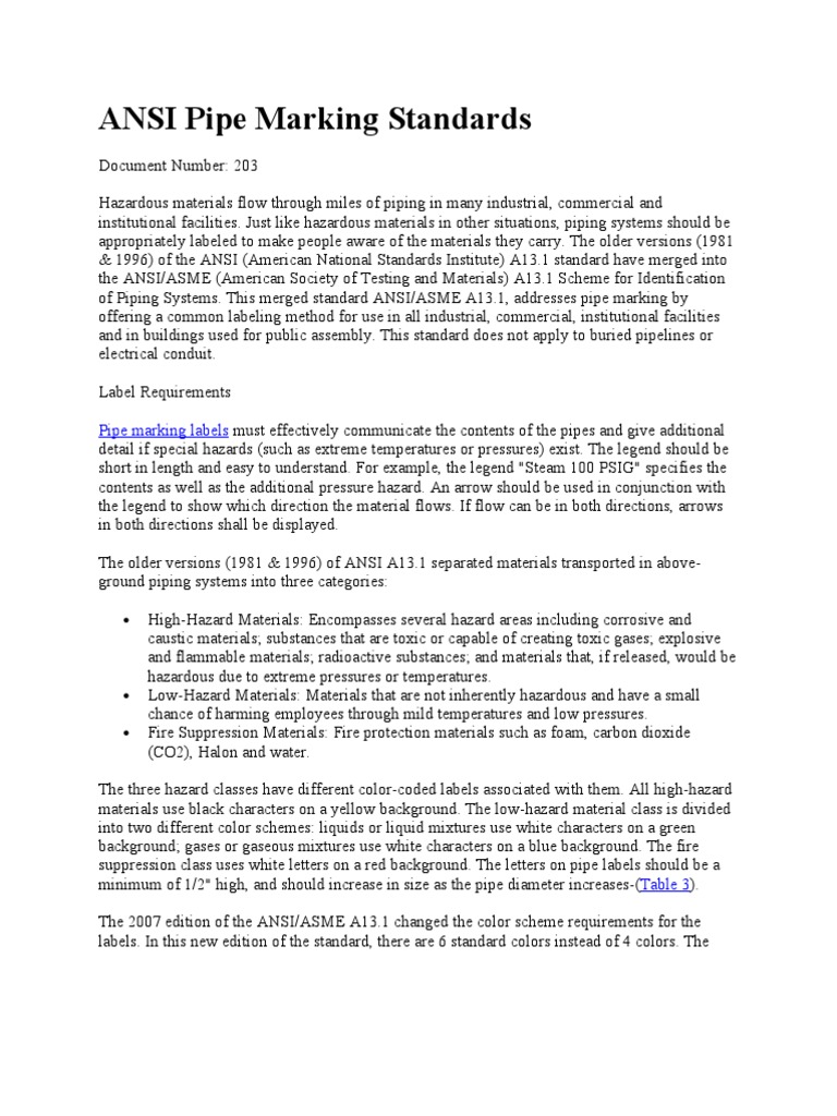 ANSI Pipe Marking Standards Pipe (Fluid Conveyance) Dangerous Goods