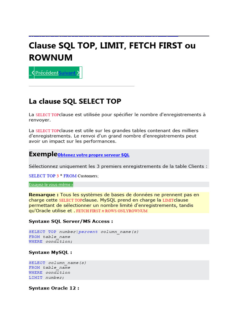 Clause SQL TOP, LIMIT, FETCH FIRST Ou ROWNUM | PDF | MySQL | SQL