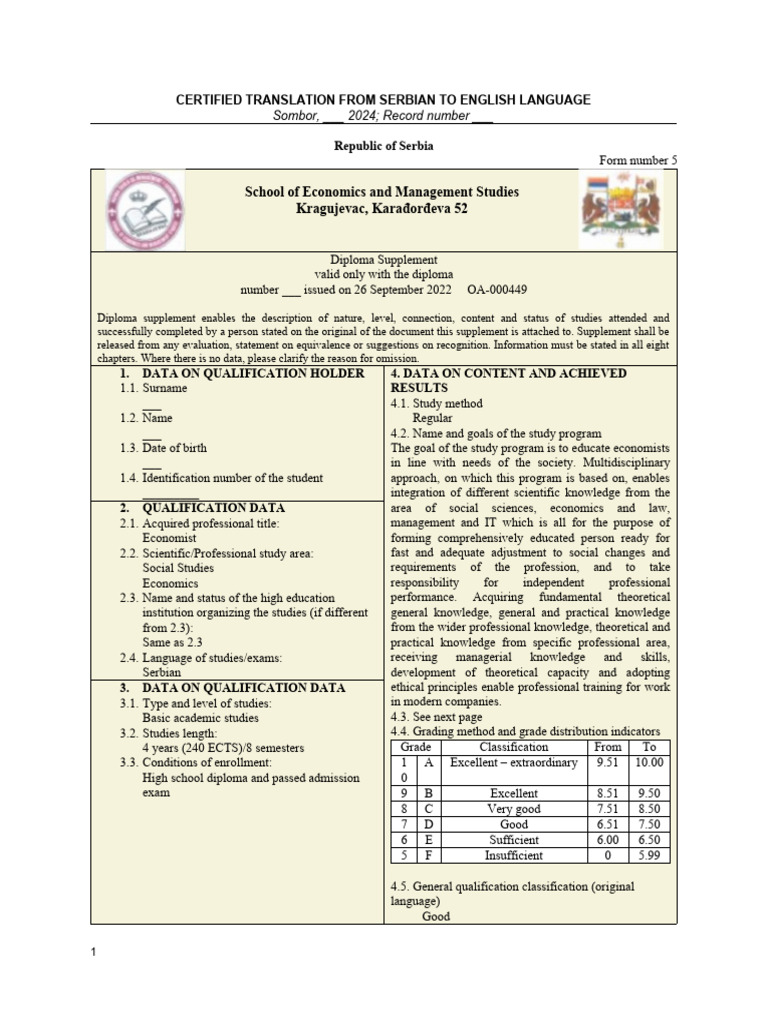 Diploma Supplement Certified Translation Template Download Free PDF
