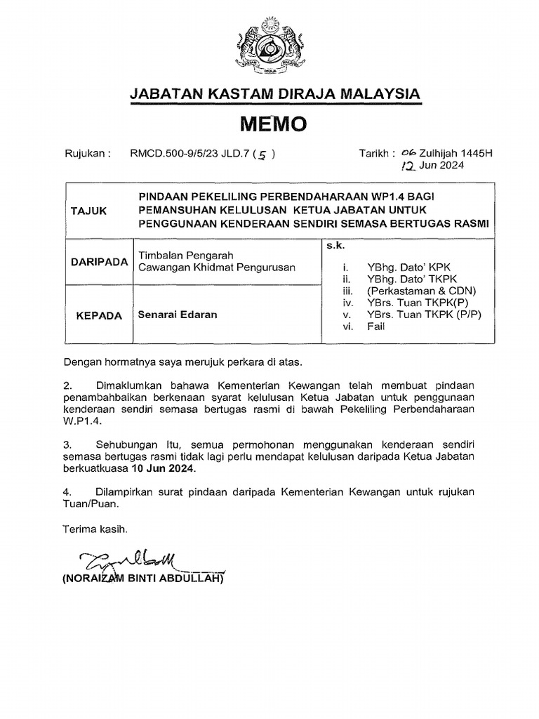 Pindaan Pekeliling Perbendaharaan WP1.4 Bagi Pemansuhan Kelulusan Ketua