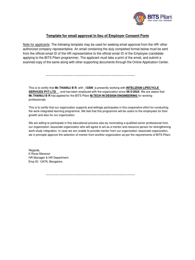 Employer Consent for BITS Pilani Program | PDF