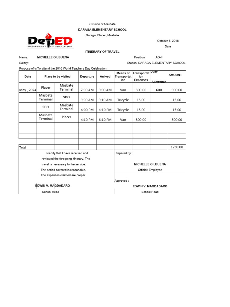 Travel Itinerary for World Teachers Day | PDF