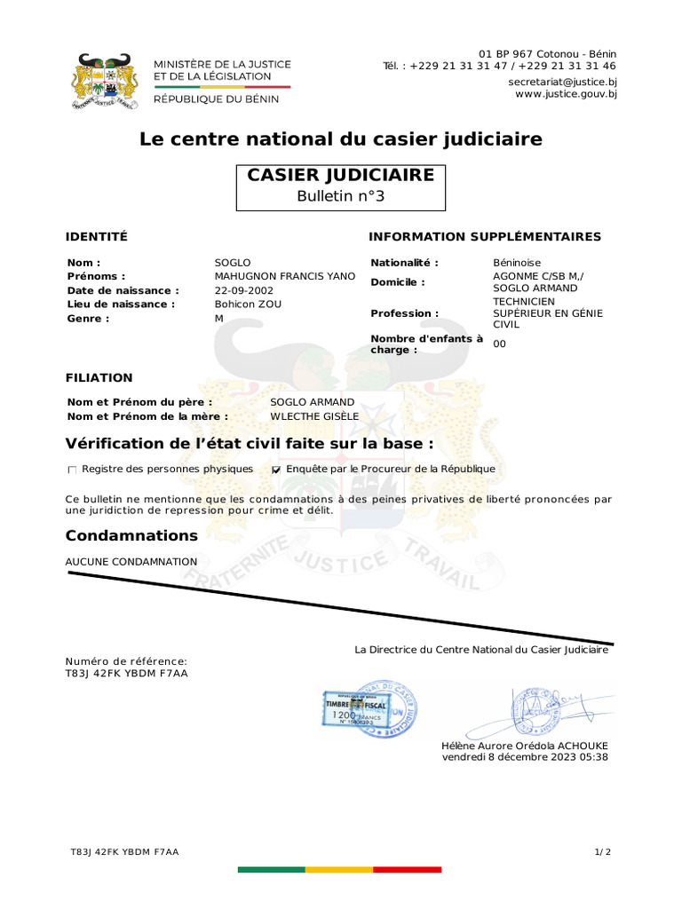 Casier-Judiciaire SOGLO | PDF | Justice | Crime et violence