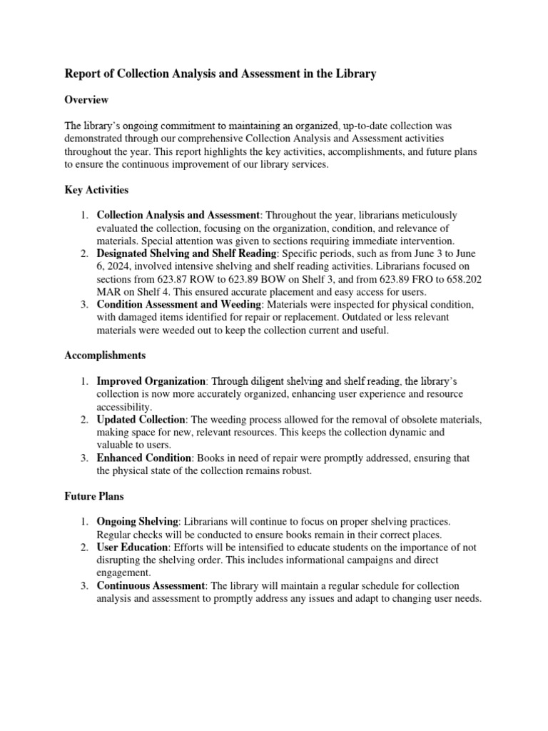 Library Collection Assessment Report | PDF | Libraries | Librarian