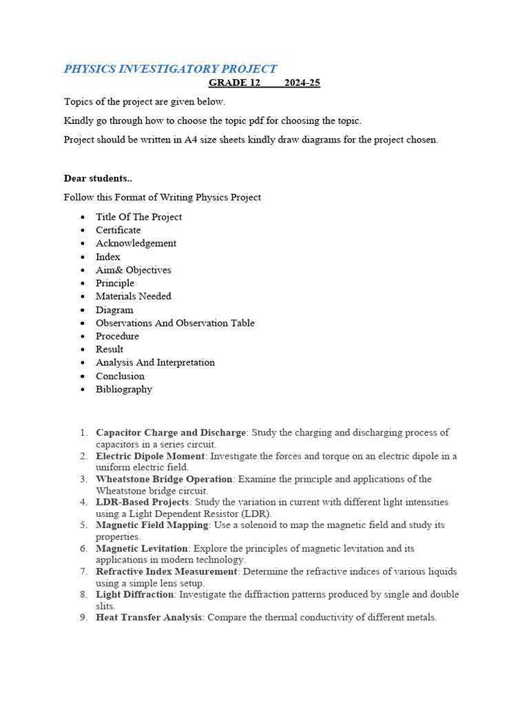 Class 12 Physics Project Topics 2024-25 | PDF | Refractive Index ...
