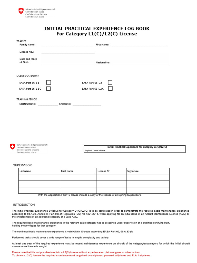 Initial Practical Experience Logbook L1/L2 | PDF | Flight Control ...