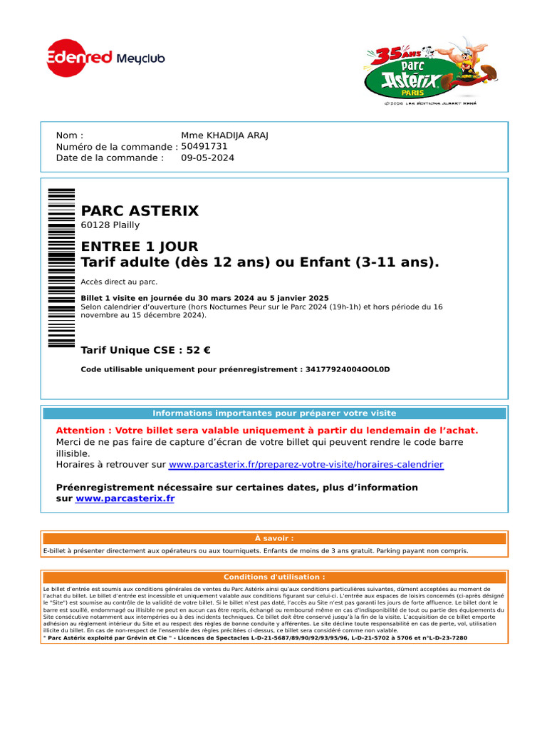 Parc Astérix Ticket Editable Parc Astérix Invitation Downloadable and