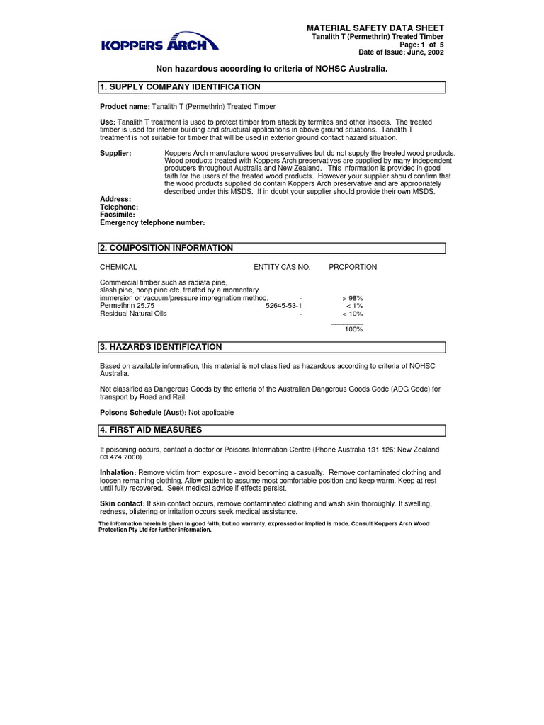 MDS Tanalith T (Permethrin) Treated Timber | PDF | Lumber | Safety