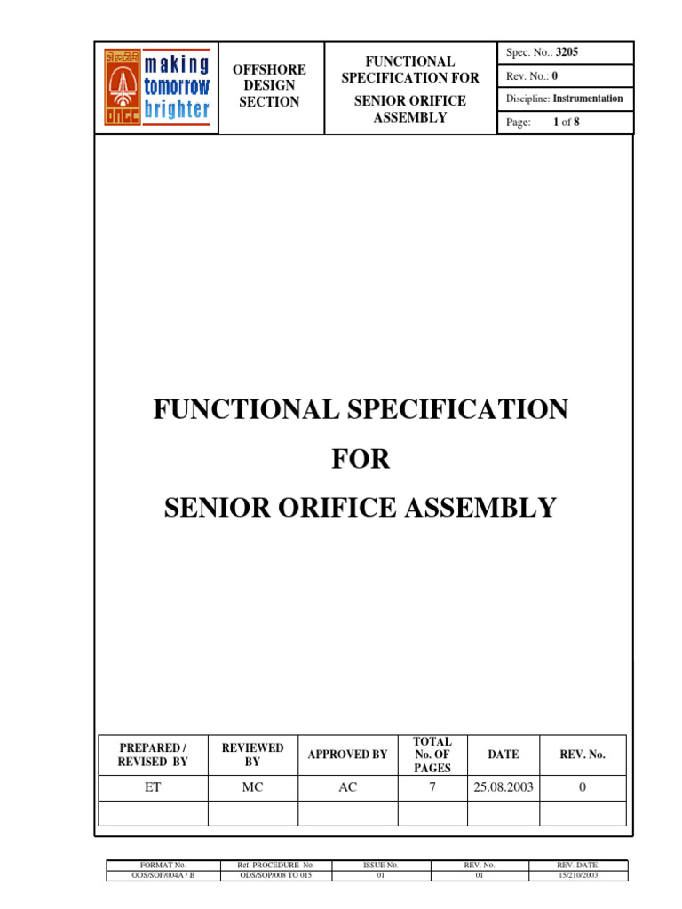 3205 Rev 0 - Functional Specification For Senior Orifice Assembly | PDF ...