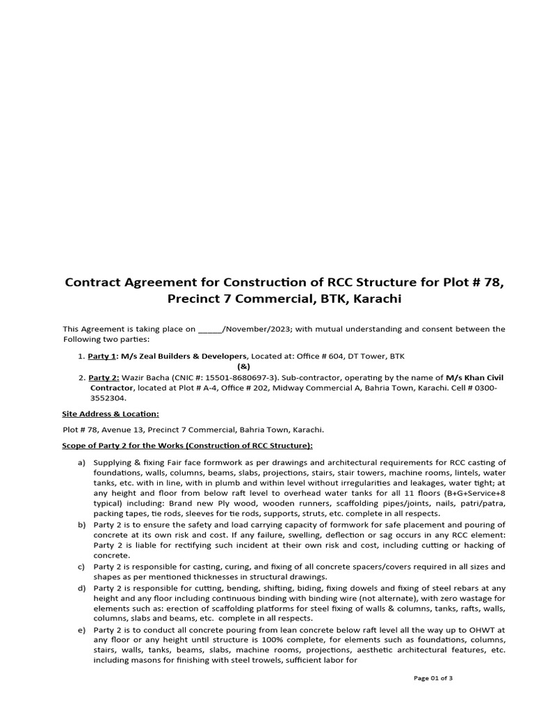 RCC Construction Contract Agreement | PDF | Concrete | Structural ...