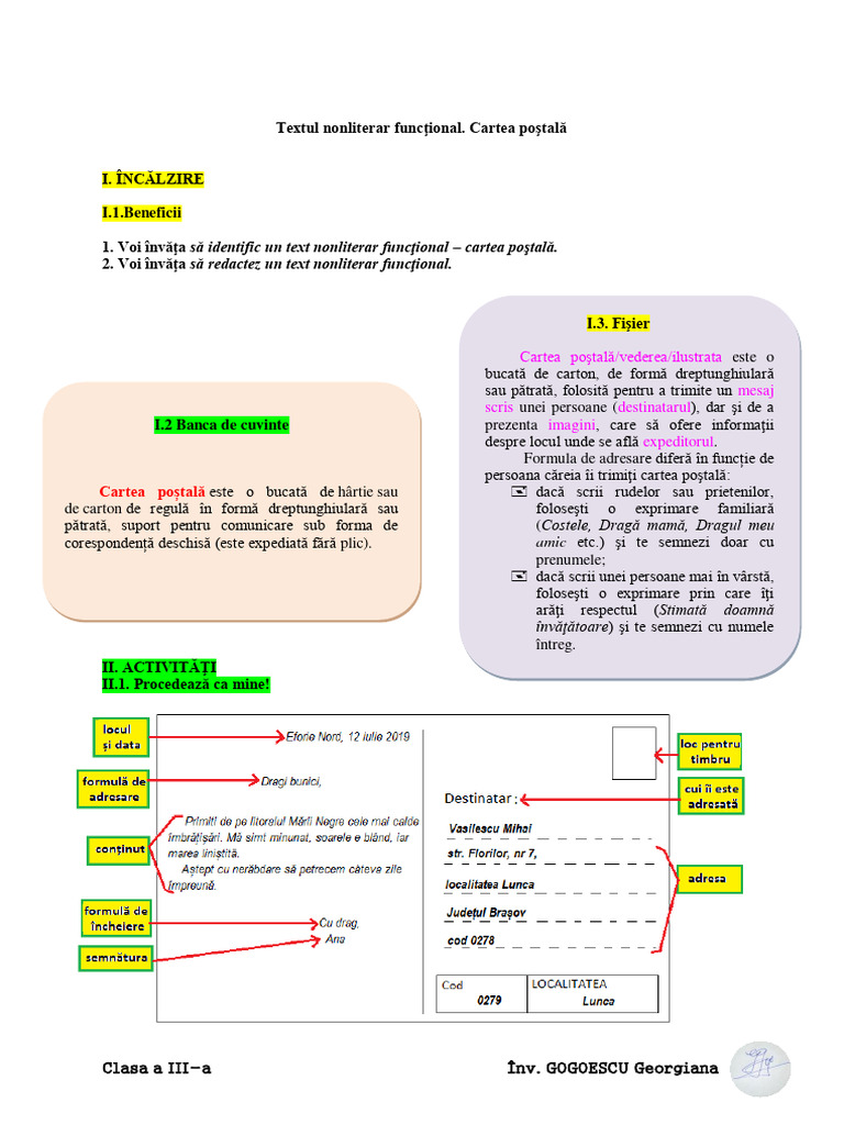 LLR Textul Nonliterar Functional. Cartea Postala Lectie | PDF