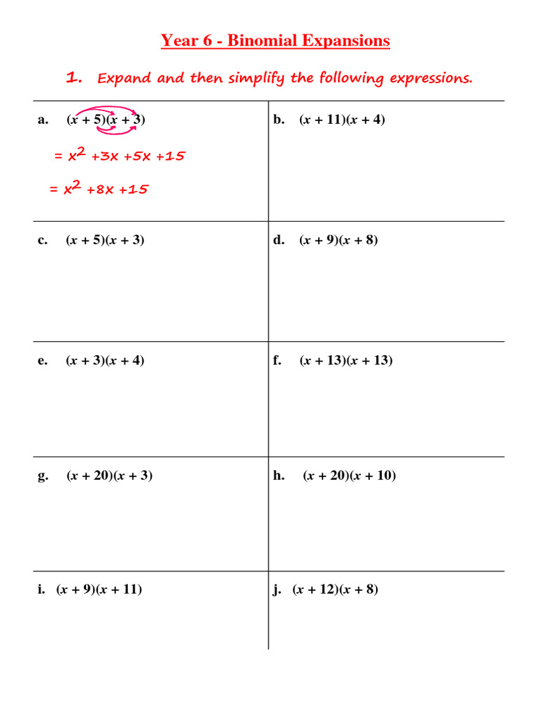 Year 6 Binomial Expansion Exercises | PDF