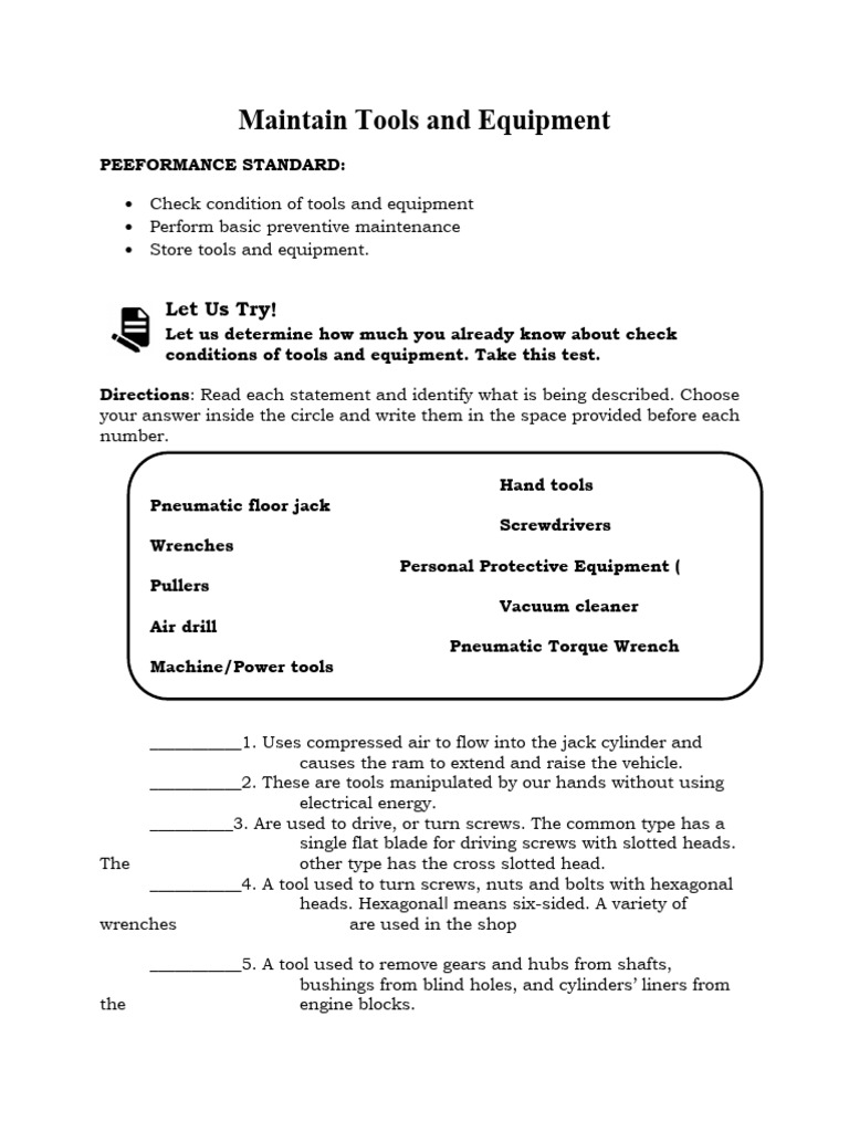 Check Conditions of Tools and Equipment | PDF | Drill | Screw