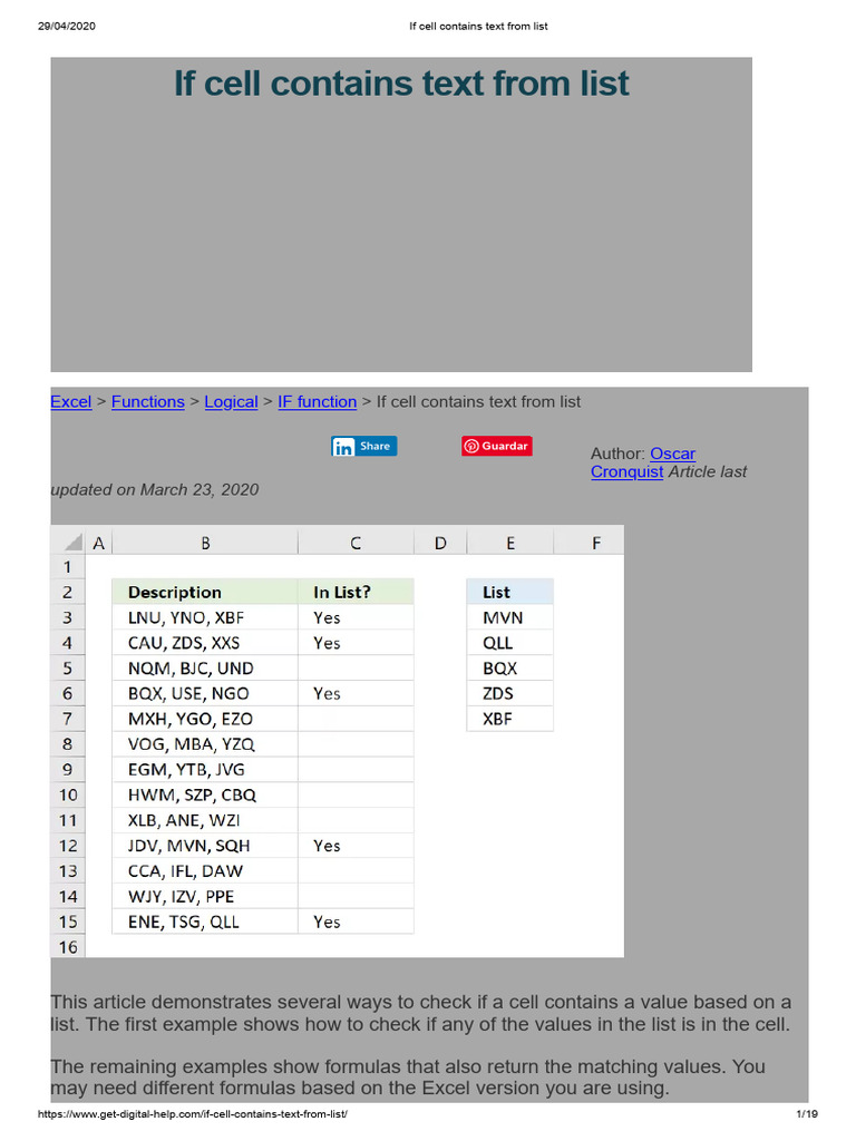 Excel: Check Cell for List Text | PDF | Microsoft Excel | Function ...