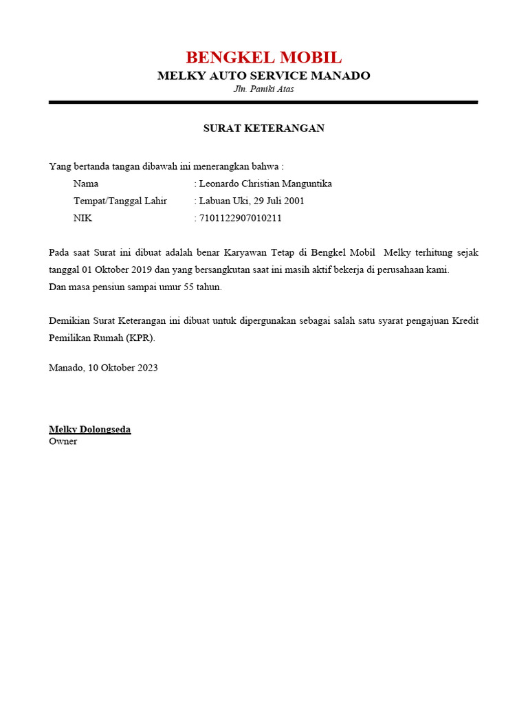 Surat Keterangan dan Slip Gaji BENGKEL MOBIL PDF