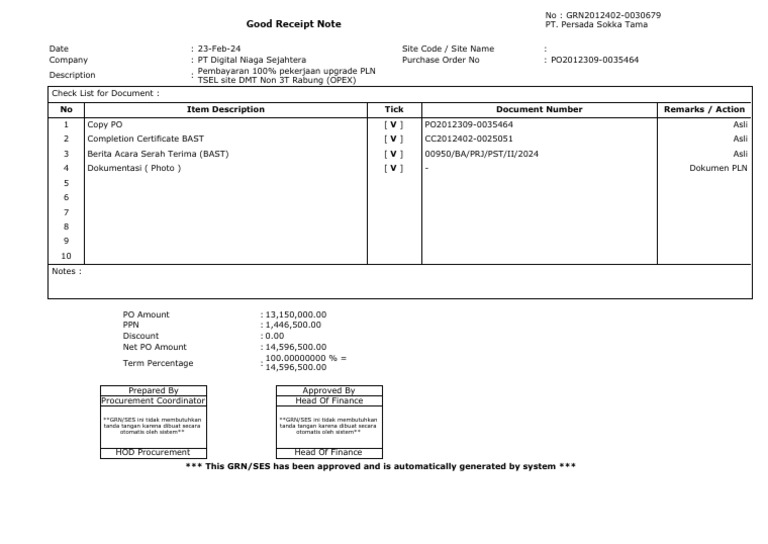 Good Receipt Note for PLN Upgrade | PDF | Business Documents | Supply ...