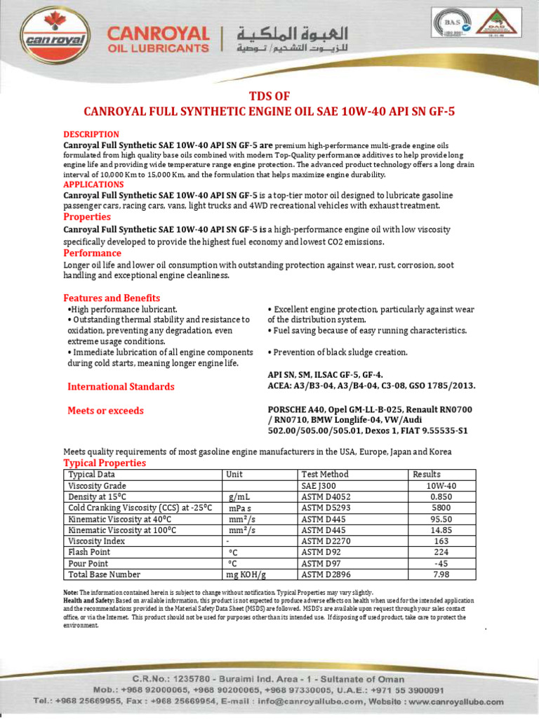 Canroyal SAE 10W-40 API SN Engine Oil | PDF | Motor Oil | Vehicles