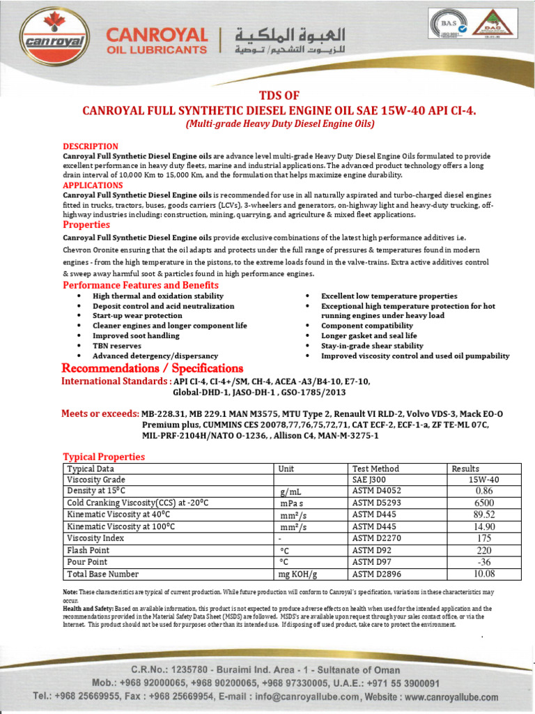 08-TDS.CANROYAL FULL SYNTHETIC DIESEL ENGINE OIL SAE 15W-40 API CI-4 ...