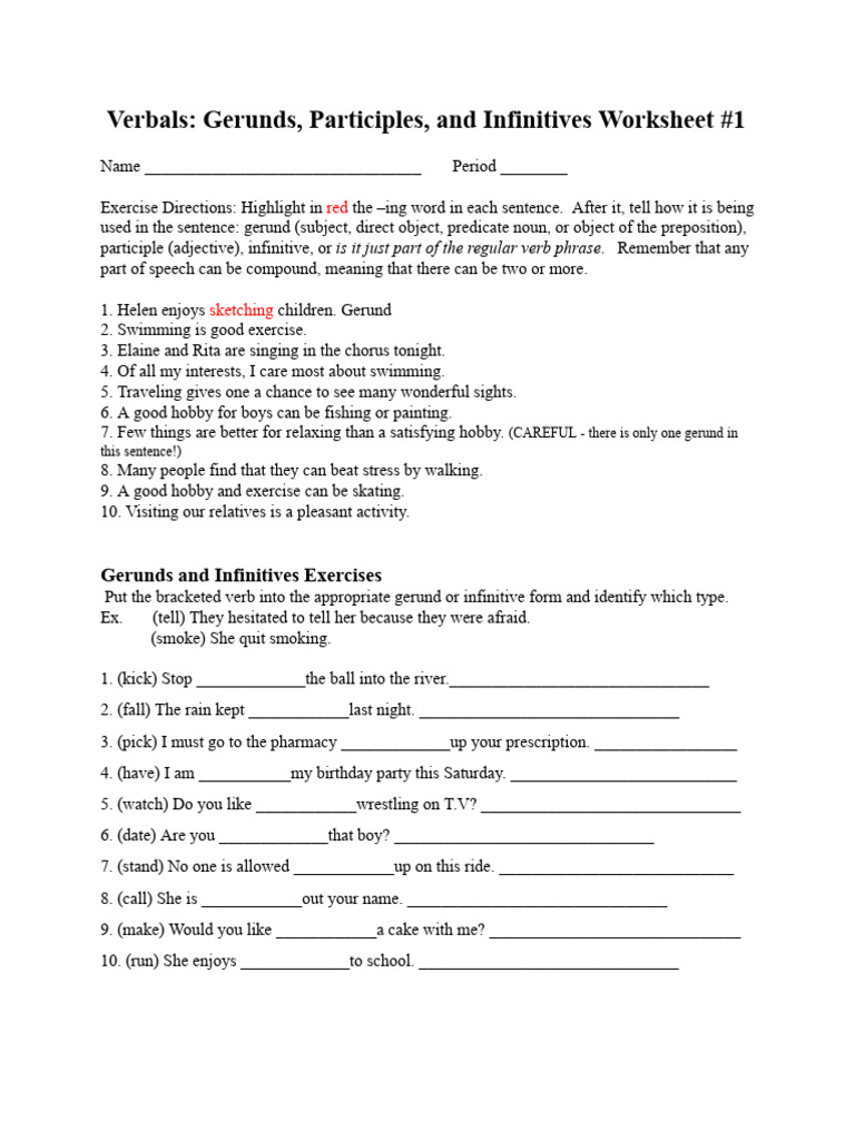 Verbals Worksheet #1 Download Free PDF Verb Linguistics
