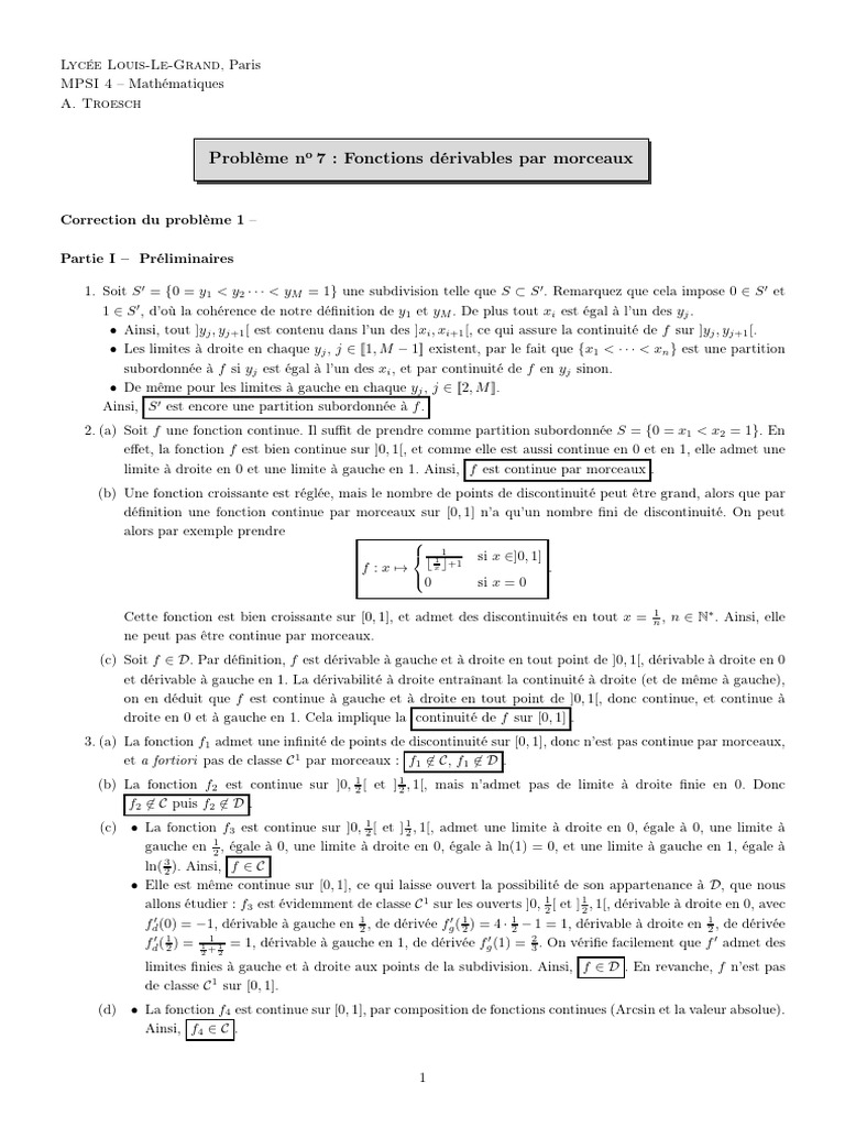 Fonctions dérivables par morceaux : étude et corrections | PDF ...