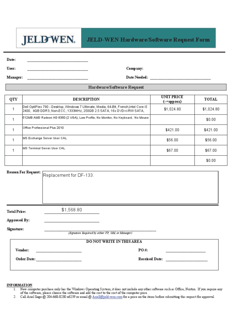 JELD-WEN Hardware/Software Request Form | PDF