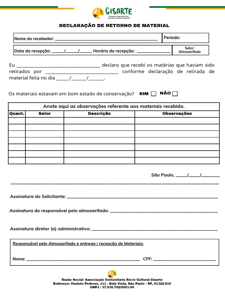 Observações de Materiais Recebidos | PDF