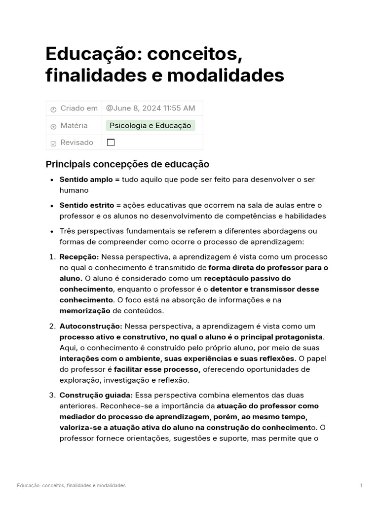 Conceitos e Modalidades de Educação | PDF | Aprendizado | Pedagogia