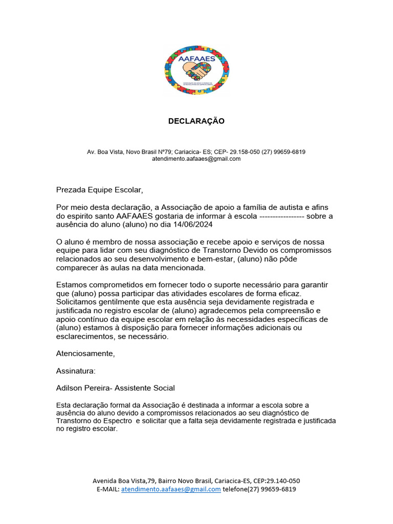 DECLARAÇÃO PARA ESCOLA Modelo | PDF