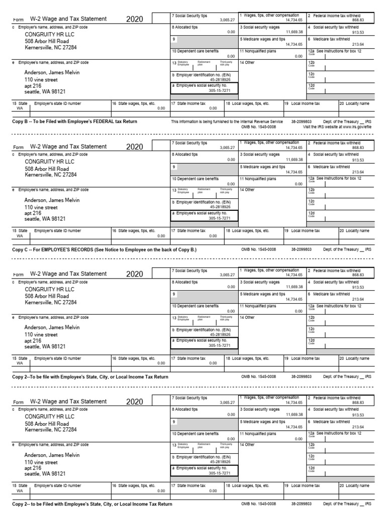 2020 W-2 Wage and Tax Statement | PDF | Irs Tax Forms | Social Security ...