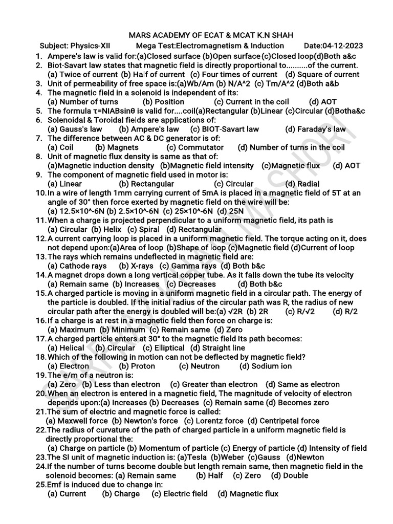 Physics XII Mega Test: Electromagnetism | PDF | Electromagnetic ...