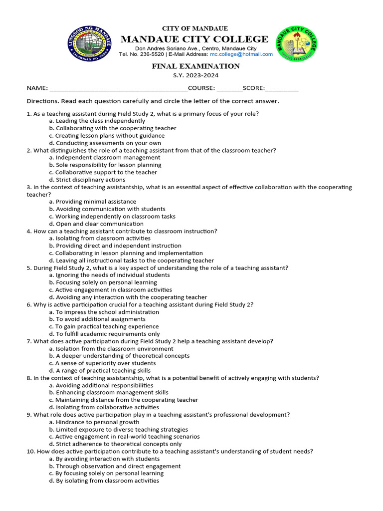 Mandaue City College Final Exam Guide | PDF | Educational Assessment ...